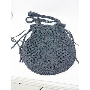 Anthropologie Black Round Cinch Woven Boho Bohemian Shoulder Bag‎ Tote Purse